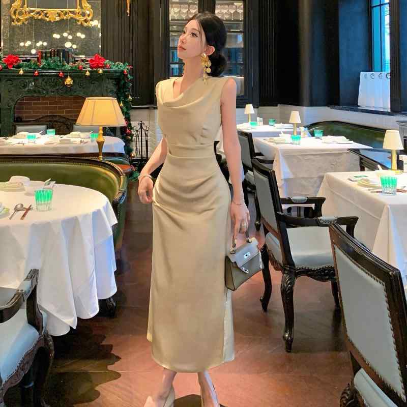 ワンピース レディース 香?色 夏 魚尾スカート 高腰 切り替え 無袖 中長丈 セクシー 涼感 聚?繊維 軽量 スリムシルエット 香水色 基本款 私服 快適 ゆったり フィット 日常使い