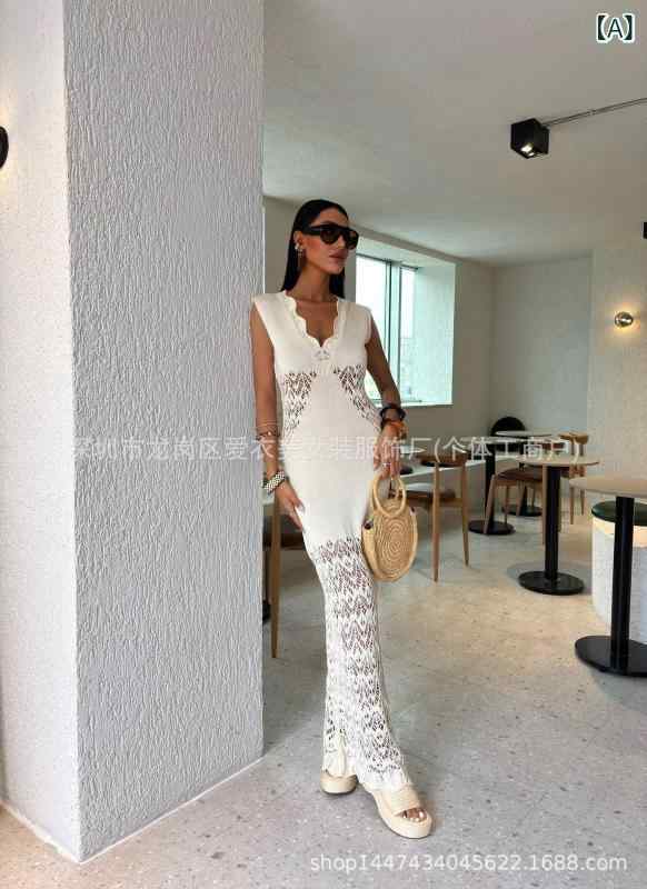 ワンピース 女性用 春夏 純欲風 Vネック ハングネック 無袖 ロングドレス 修身 ハイウエスト フィッシュテール 包臀 切り替え 薄手 軽量 伸縮性 接触冷感 米杏色 アイボリー ピンク系 街頭 潮人 欧美風 個性 超長丈 ステップスカート コットン風