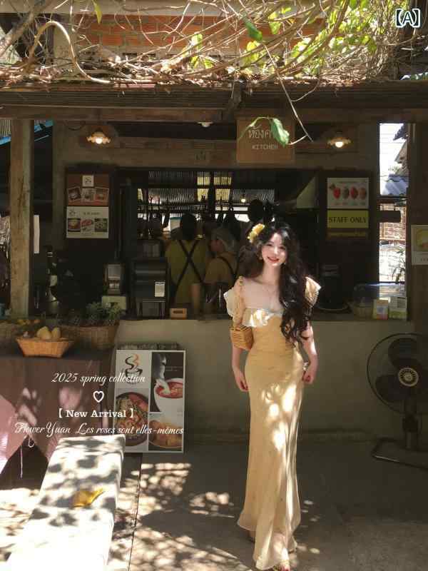 ワンピース 女性用 夏 春夏 赤 チェリー柄 フラワープリント ロング ハイウエスト Aライン 包みスカート フィッシュテール 無袖 丸首 気質 通勤 快適 軽量 再生繊維 黄色 赤 かわいい 普段使い フレンチスタイル