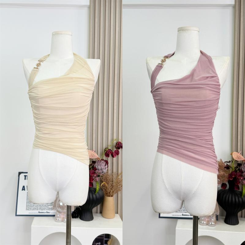 ハルネック トップス 女性用 収腰 プリーツ メッシュ ポリエステル 微弾性 かわいい 甘め 清新 米色 杏色 スモークパープル 夏 軽量 通勤 普段使い ビッグシルエット Vネック 吸湿速乾