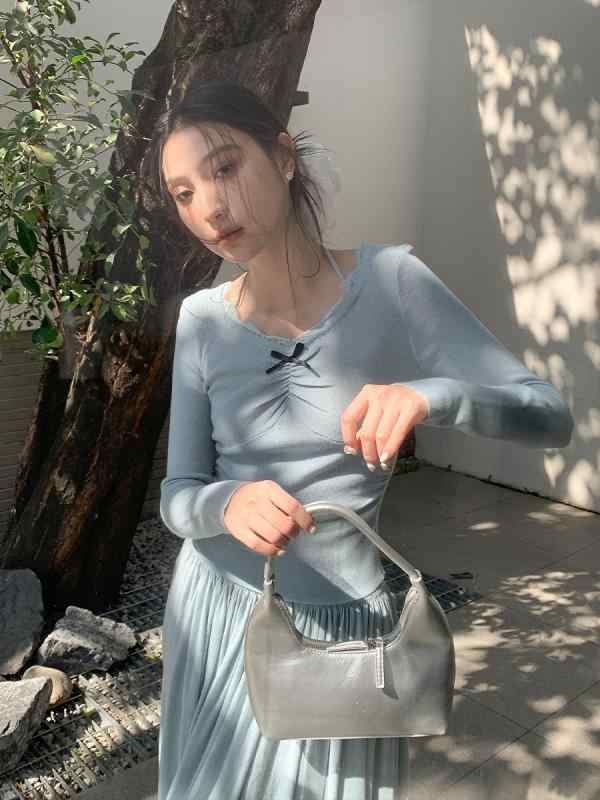 ニット トップス 女性用 春夏 韓国風 修身型 短丈 Vネック ハンギングネック レース ニット 薄手 超長袖 セットアップ風 ワイドシルエット すっきり 羊毛混 アクリアン ポリエステル ナイロン 接触冷感 吸湿速乾 軽量 伸縮性 シンプル ワイド ラ