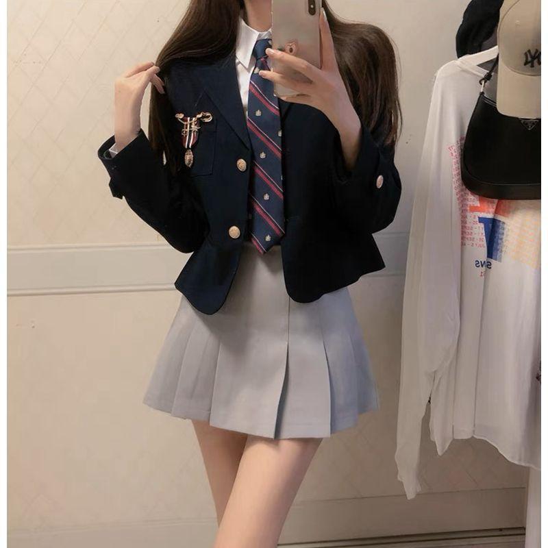 レディース セットアップ スカートスーツ 学院風 韓国スタイル 短めジャケット ブラウス 高腰プリーツスカート 気質通勤 都市風 気質優雅 長袖 飛沫袖 純色 長めスカート クロップド丈 軽量素材 伸縮性 秋冬 通勤用 普段使い ビッグシルエット ブラッ
