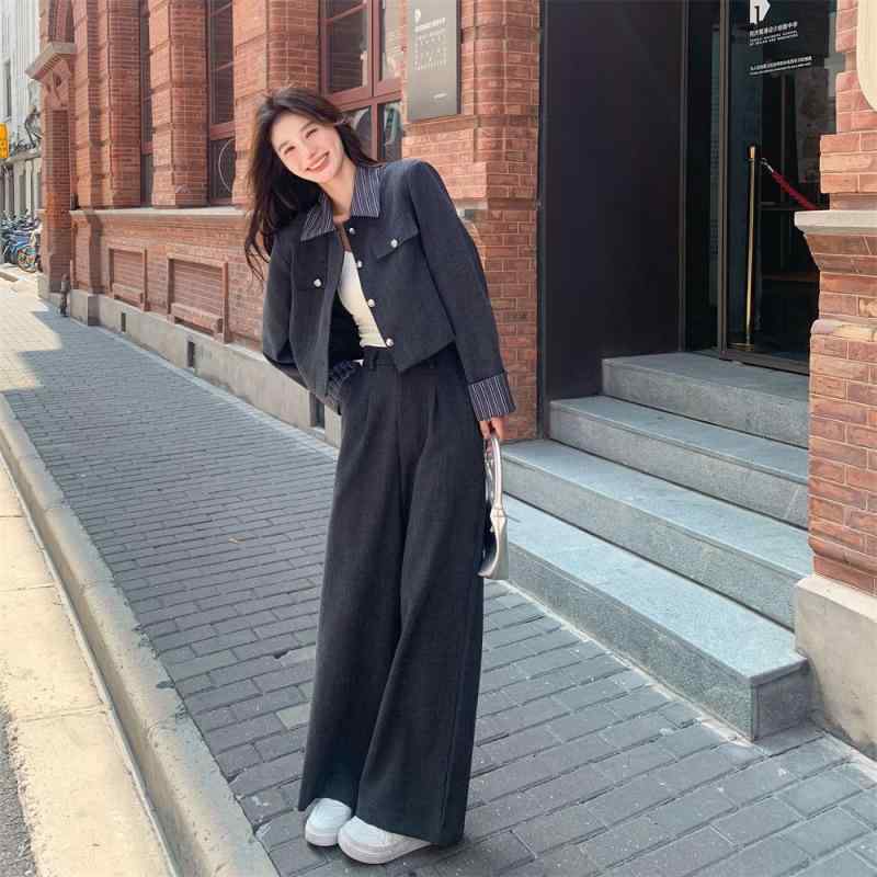 レディース セットアップ 秋冬 グレースーツ セット 女性用 気質通勤 都市風 長袖 ボタン デザイン 長ズボン セット ポリエステル 素材 ポリエステル 高品質 涼感 軽量 伸縮性 通勤 普段使い オフィス コーディネート セットアップ ブルーグレー