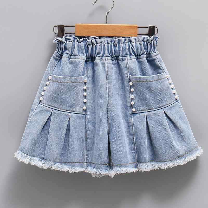 女児用 牛仔 デニム 短パン ホットパンツ スカートパンツ 酵素洗い 砂洗い加工 炒塩加工 綿 混紡 65% 中腰 ゴム腰 夏用 接触冷感 軽量 伸縮性 普段使い アウトドア かわいい デザイン 3-8歳 中大童 110-170cm 対応