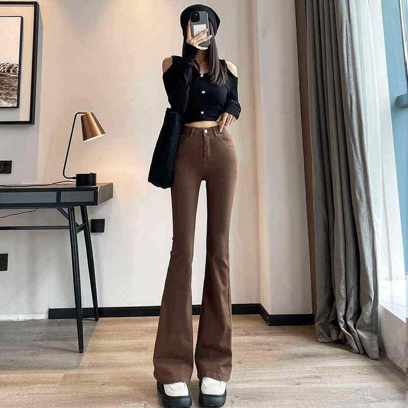 秋冬 牛仔パンツ レディース 長ズボン 高腰 微喇形 弾力 伸縮性 厚手 加? 暖かみ 修身 スリムフィット ラッパ型 馬蹄パンツ 通勤用 気質 優雅 コットン 綿素材 水洗加工 純色 白色 アイボリー コーヒーブラウン 切り替え マルチポケット ジッパ