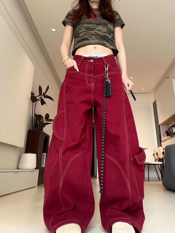 ワイドパンツ レディース 赤 牛仔 ハイウエスト ロング ビッグシルエット ゆったり ストリート 風 コットン 中厚 洗い加工 ヴィンテージ スタイル 普段使い 伸縮性なし 個性派 ファッション