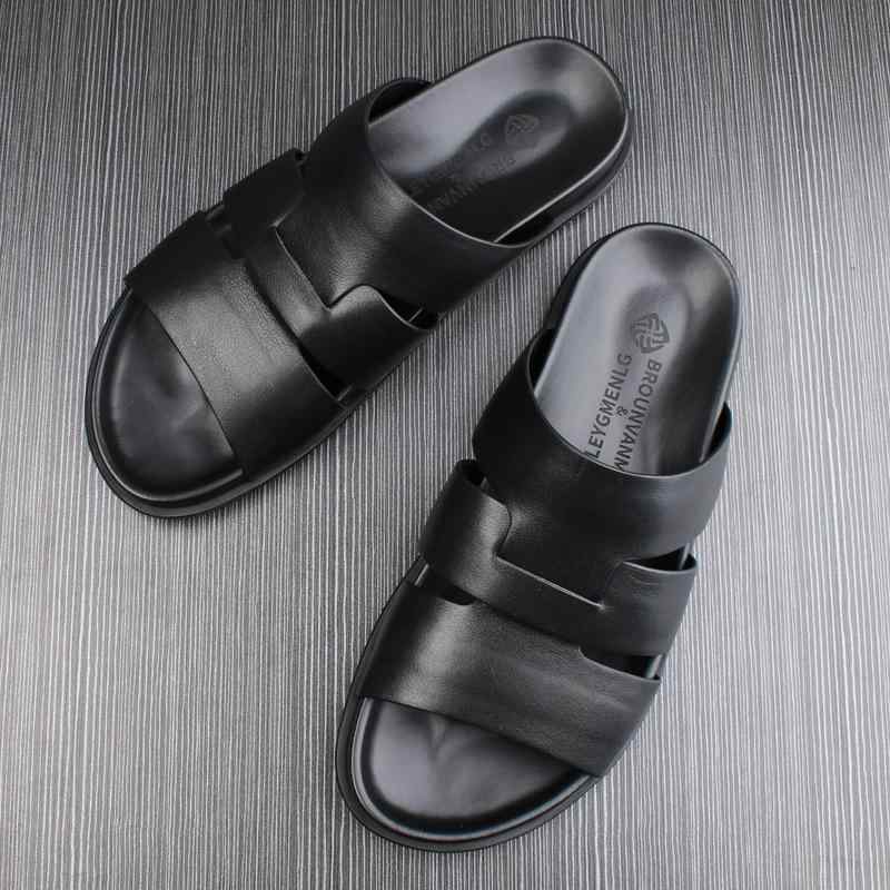 メンズサンダル 男性用 夏用 ビーチサンダル シンプル ブラック プレミアムレザー ソフトソール ラバー底 ビーチシューズ 軽量 通気性 普段使い アウトドア 履きやすい 足裏クッション 防水加工 スタイリッシュ ビッグサイズ対応 男性シューズ ビーチ用