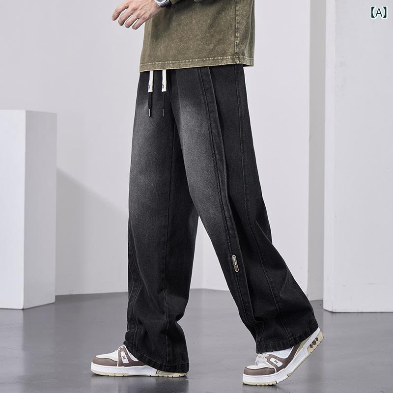 メンズ 牛仔パンツ 直筒 ワイドレッグ 工装 長ズボン 大きいサイズ ゆったり 低腰 多ポケット 微弾性 綿素材 砂洗い加工 接触冷感 春秋 黒 ブルー グレー系 日常使い カジュアル ビンテージ風 伸縮性 通勤 外出