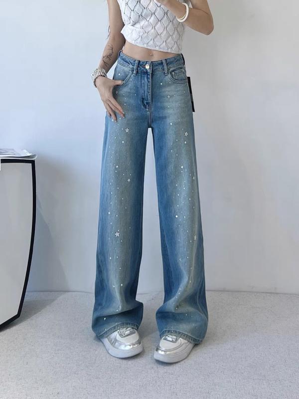 レディース デニムパンツ 牛仔パンツ 春夏 高腰 ミディアムウエスト ワイドレッグ ストレート ロングパンツ 綿 ミディアム厚 微弾性 ヴィンテージ加工 ウォッシュ加工 ディップダイ ファッション スタイル 百搭 ゆるめ ゆったり 普段使い 私服 洗い加