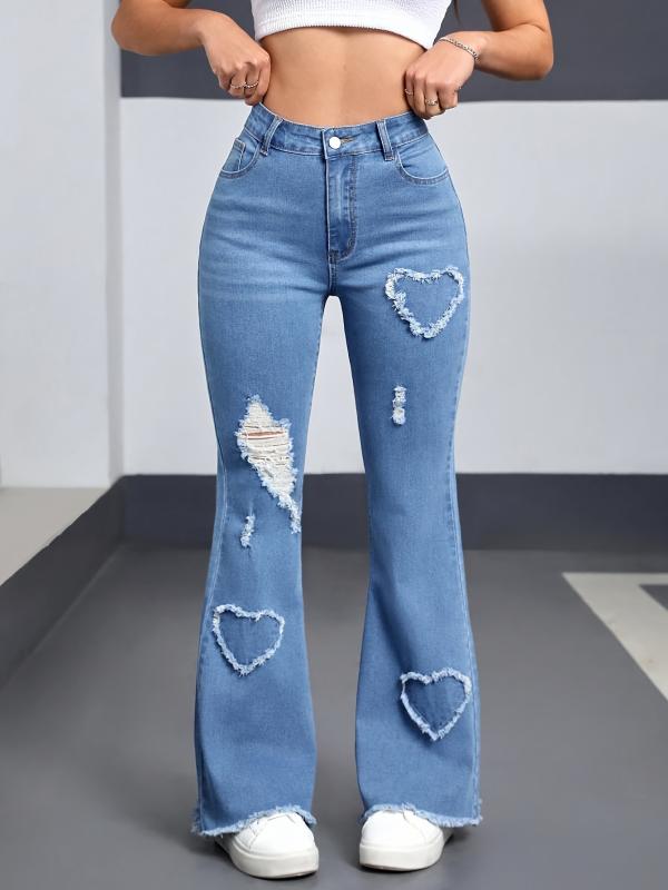 レディース デニムパンツ ライトブルー ミディアムウエスト ワイドレッグ フレアパンツ コットン混 ストレッチ 春夏 軽量 吸湿速乾 伸縮性 ハート柄 破れデザイン 刺繍 ジッパー ミドルウエスト ロング丈 直筒 梨型対応 セクシー ファッション カジュ