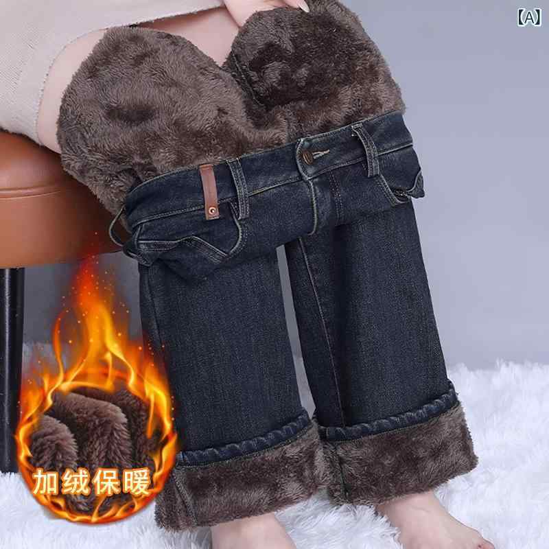 パンツ 女性用 秋冬 厚手 コットン デニム 直筒 ハイウエスト ワイドレッグ ロング丈 マイクロストレッチ 気質 通勤 カジュアル ブルー スリム効果 ポケット ゆったり シルエット
