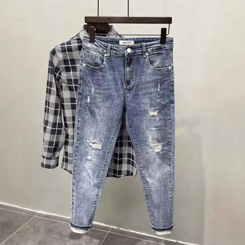 メンズ 牛仔パンツ 秋 コーン型 修身 小脚 ミドルウエスト ボタン開襟 中厚 綿素材 中弾力 日常 普段使い カジュアル ロング丈 洗い加工 細脚 テーパード 青少年向け 男性用 デニム トラウザー ストレッチ ブルー