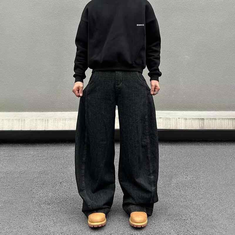 メンズ デニムパンツ 黒 微ラフ ワイドレッグ 直筒 ミッドライズ ジップフライ コットン素材 水洗加工 切り替えデザイン 無弾性 長丈 クラシックスタイル カジュアル 普段使い 通勤対応 通年使用