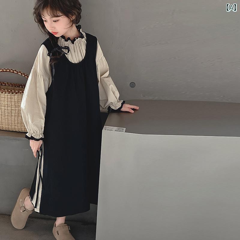 女児 ワンピース 秋冬 セット 綿100% 中大童 8歳以上 140cm以上 長袖 薄手 純色 かわいい プリンセススカート 森ガール スタイル 柔軟 加工 春 夏 秋 対応 プリンセス ライン セットアップ ガールズ ファッション 日常 着用