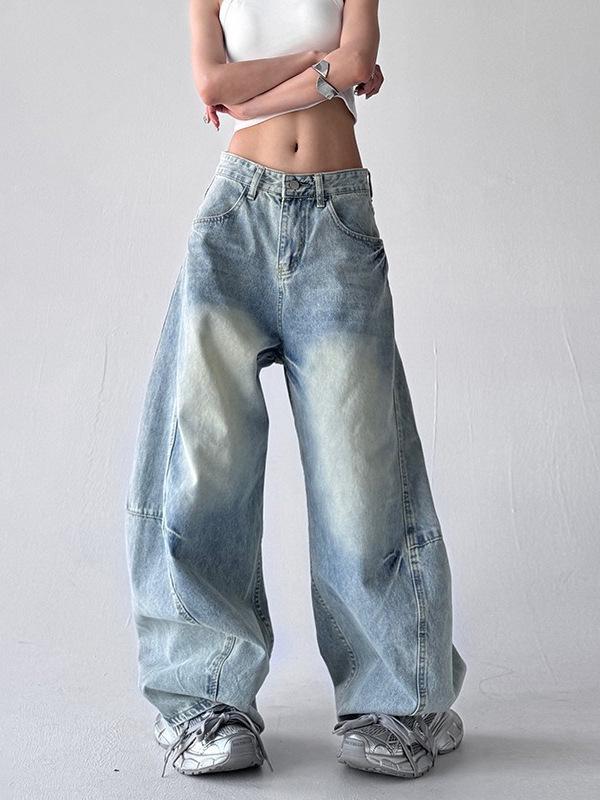 レディース デニムパンツ ワイドレッグパンツ ハイウエスト ライトブルー コットン素材 ビンテージ加工 ストレートシルエット 街頭スタイル 春秋用 ゆったりフィット 洗い加工 無弾性 中厚手