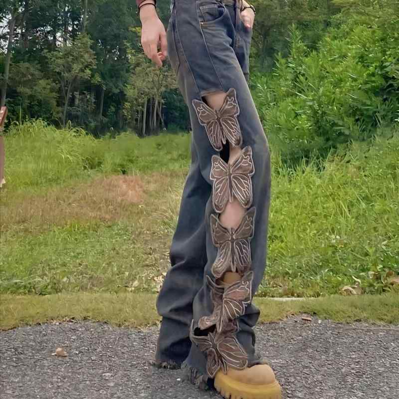 レディース 牛仔パンツ デニム ロングパンツ ミドルウエスト ストリートファッション トレンド ボタン 刺繍 破れ ルーズフィット ロング丈 不規則デザイン 切り替え ブルー ヴィンテージ スタイル 軽量 普段使い 通勤 休日 コーデ 伸縮性 低弾力 ポ