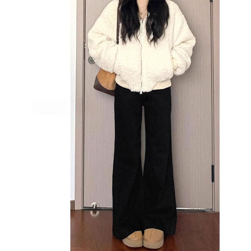 レディース 牛仔パンツ 冬用 大きいサイズ 女性用 黒 ハイウエスト 微喇 馬蹄型 伸縮性 スリム効果 厚手 暖か 気質 通勤スタイル デニム素材 ポリエステル混 長丈 ゆったり 普段使い 仕事着 ファッション ボトムス ボリュームタイプ 脚長効果 スト