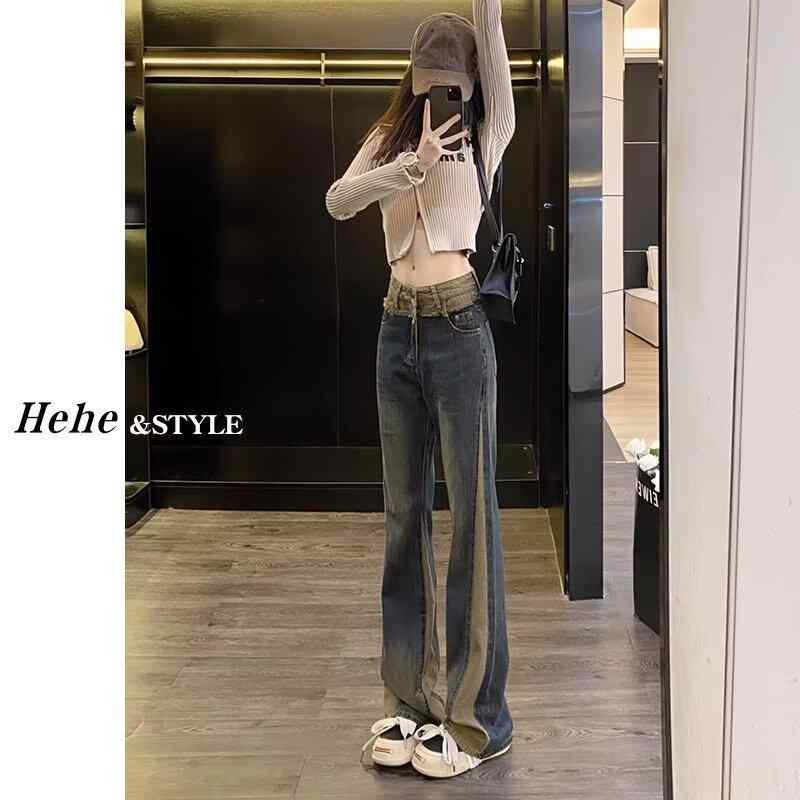 レディース デニムパンツ 微喇型 牛仔布 綿混 ポリエステル ハイウエスト 修身 スリム 馬蹄型 切り替えデザイン 薄手 長丈 街頭スタイル 欧米風 快適 普段使い ヴィンテージカラー ゆったりシルエット