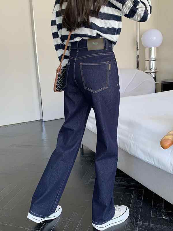 秋冬 女性用 デニムパンツ ワイドレッグ ストレート ハイウエスト 長丈 厚手 再生繊維 微弾性 接触冷感 ナビーブルー 切り替え 快適 日常使い すっきりシルエット 軽量 通勤 カジュアル