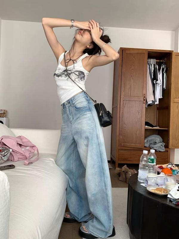 レディース デニムパンツ 浅色 ライトブルー 破れ加工 ウォッシュ加工 ストレッチ ストレート ハイウエスト ワイドレッグ 長ズボン 通勤用 気質 秋 秋冬 中厚 切り替え デザイン 普段使い 軽量 通年