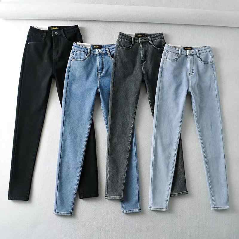 秋冬 牛仔パンツ 女性用 タイト ヒップアップ スキニーパンツ ロング丈 ハイウエスト 綿素材 ストレッチ 中厚手 ポケット 切り替え ストリートスタイル ブラック グレー ライトブルー ダークブルー 小脚 ペンシルシルエット 修身 弾力 流行 長パン