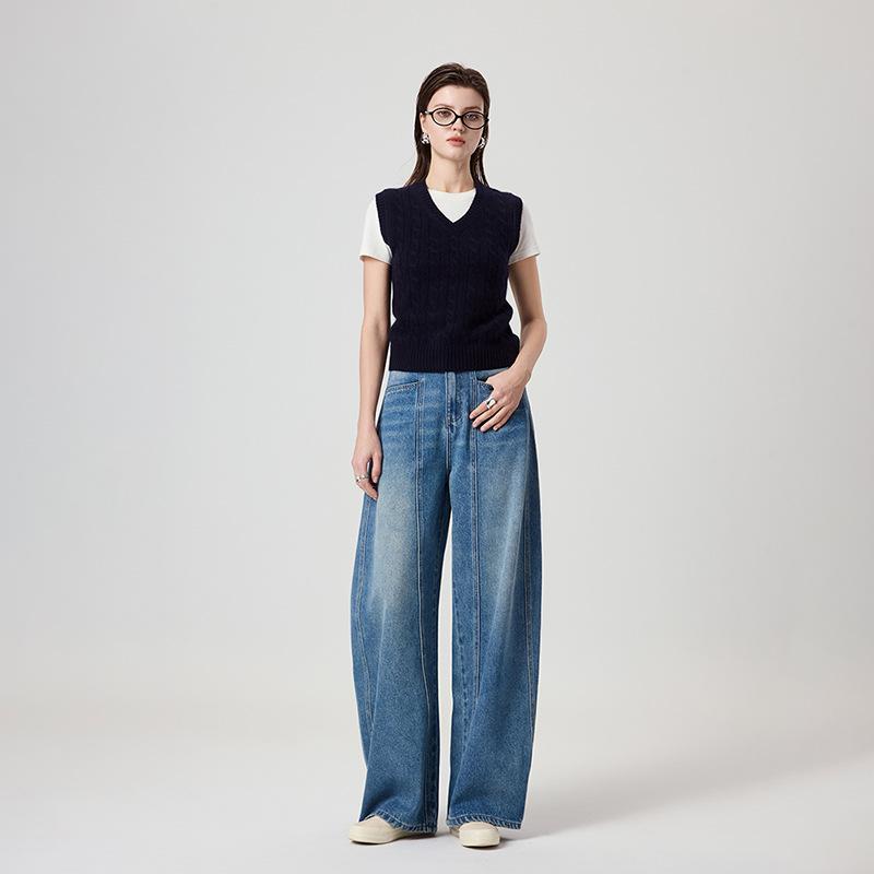 レディース デニムパンツ 春夏 コットン ストレッチ 素材 高腰 ワイドレッグ クロップド ブルー 水洗加工 ゆったり スリム効果 モダン レトロ デザイン ラフスタイル 私服 女性用 膝下丈 ミッドウェイト コットン混 スパンデックス ハイウエスト バ