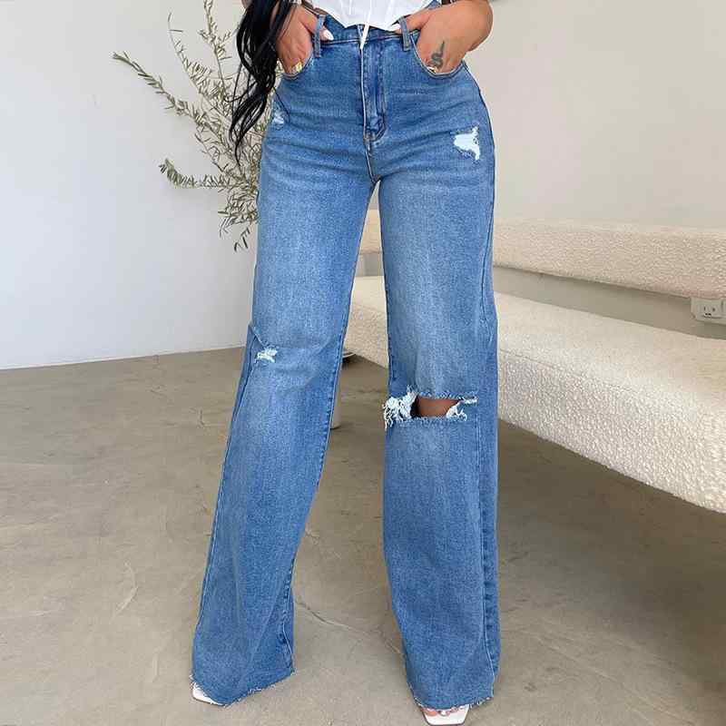 レディース デニムパンツ コットンポリエステル ハイウエスト ワイドレッグ ストレート ロング丈 穴あき加工 微弾性 気質通勤 快適カジュアル 秋冬 ビジネス 普段使い 軽量 伸縮性 ブラック ブルー グレー インディゴ