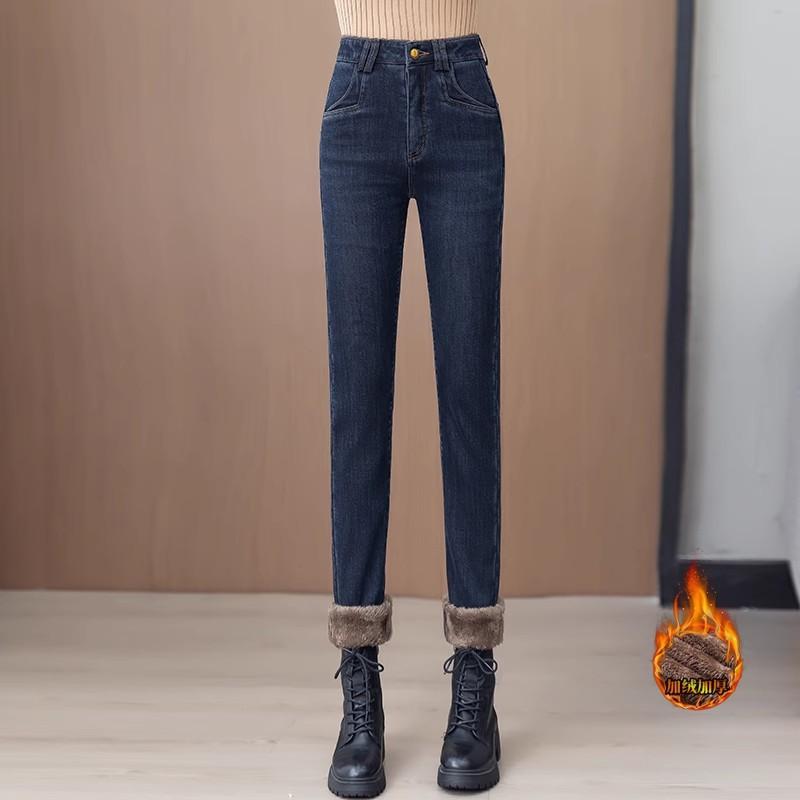 レディース 牛仔パンツ 秋冬 厚手 保暖 ハイウエスト スリムフィット ワイドレッグ 綿素材 ストレッチ ブラック ブルー 日韓カジュアル シンプル ロング丈 保温 軽量 普段使い 通勤 デイリー