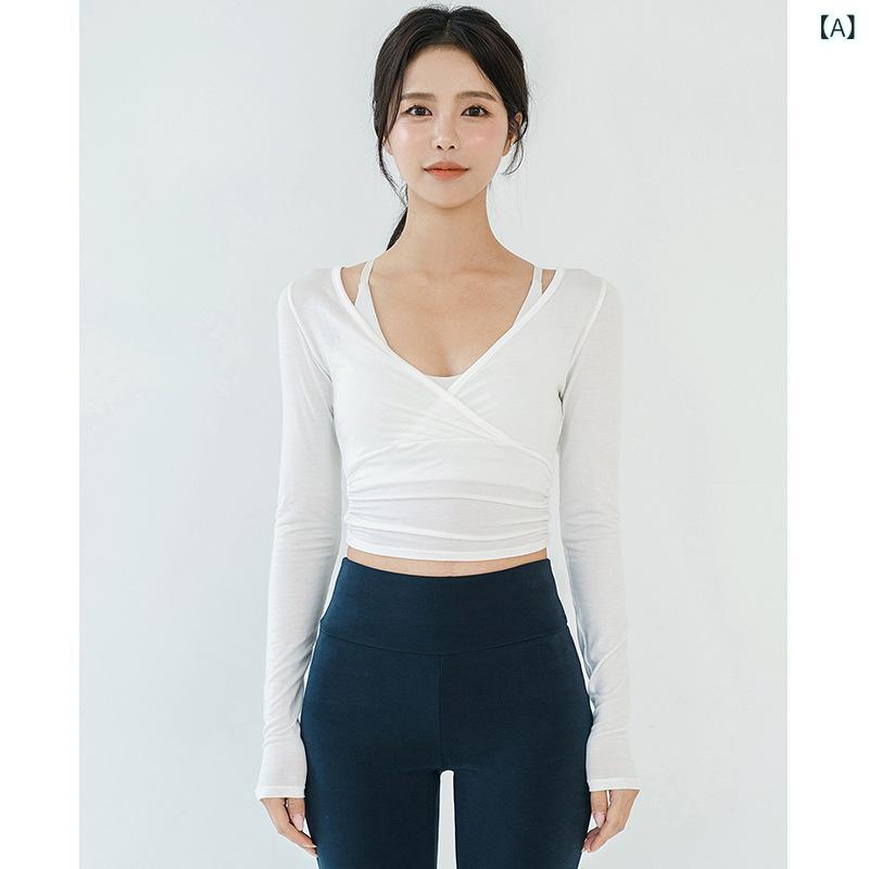 レディース ヨガトップス 長袖 深Vネック クロスプリーツ セクシー フィット 速乾 透気 ニット ライクラ ナイロン スパンデックス 秋冬 ランニング フィットネス ピラティス ダンス ホワイト ブラック ピンク グレー 伸縮性 吸湿速乾 軽量 女性用