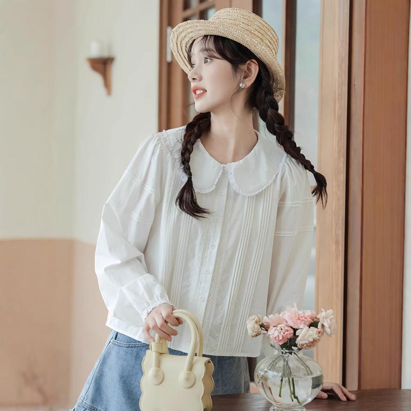 春夏 女性用 長袖 シャツ 綿 混紡 素材 純色 デザイン 開襟 ワイドシルエット 普通丈 ベビーコラ フリル 切り替え ボタン ホワイト 甘め スタイル フレッシュ かわいい トップス ブラウス 軽量 通勤 普段使い