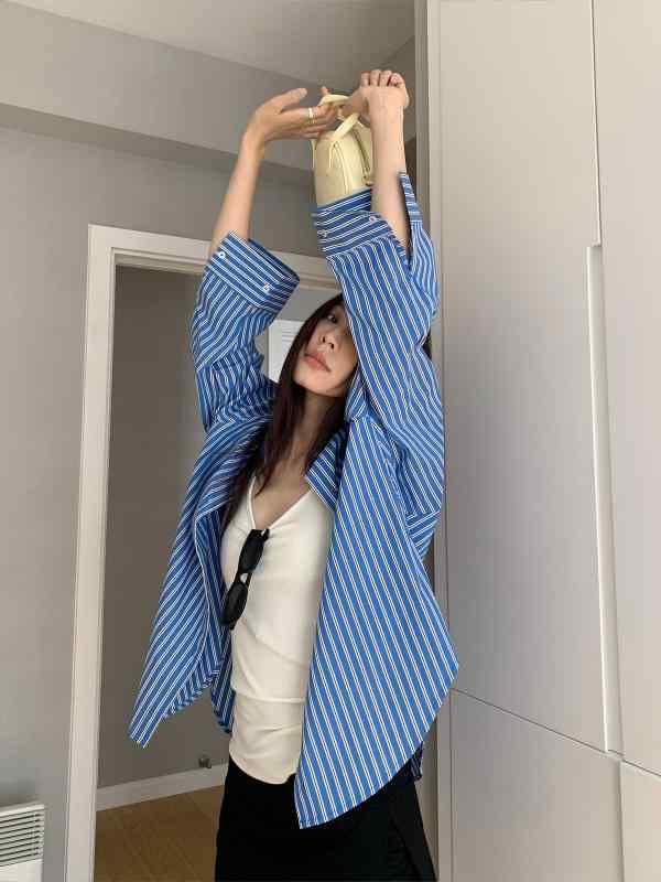 長袖シャツ 女性用 夏 通勤 韓国風 ブルー ストライプ 綿 ニット 切り替え ワイドシルエット コットン70% 吸湿速乾 軽量 爽やか トップス ブラウス インナー