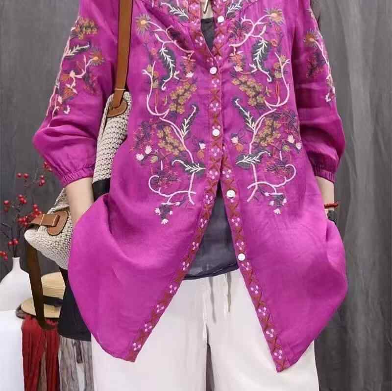 シャツ レディース 刺繍 麻 素材 長袖 九分袖 スタンドカラー ワイドシルエット 普通丈 開襟 ボタン ルーズフィット 復古風 国風 薄手 トップス 綿混 春夏 軽量 通勤 普段使い 部屋着｜フォークBR 10,878円