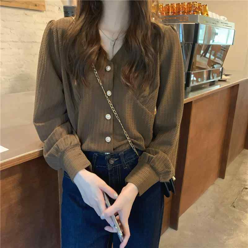 春夏 シャツ 女性用 法式 Vネック 長袖 トップス 直筒 切り替え デザイン 復古 純色 黒 コットン風 軽量 伸縮性 通勤 普段使い カジュアル