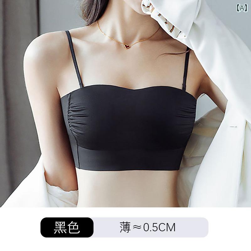 ブラ無しブラジャー 女性用 ワイヤレス ハーフカップ 薄型 ノンワイヤー 無痕 寄せ上げ 上持ち 美背 防透け 快適 背中開き ストラップレス 取り外し肩紐 後ろホック ナイロン素材 ポリエステル裏地 黒 ベージュ ブラウン ミントグリーン シンプル カ