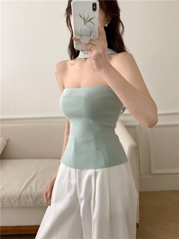 ブラウス レディース ハルネック 肩出し 背中開き 掛けネック デザイン チューブトップ 女性用 修身シルエット 超短丈 ソリッドカラー 2025夏 アイスシルク ナイロン素材 接触冷感 中弾力 セクシー スリム効果 デートコーデ ピュアディザイアスタイ
