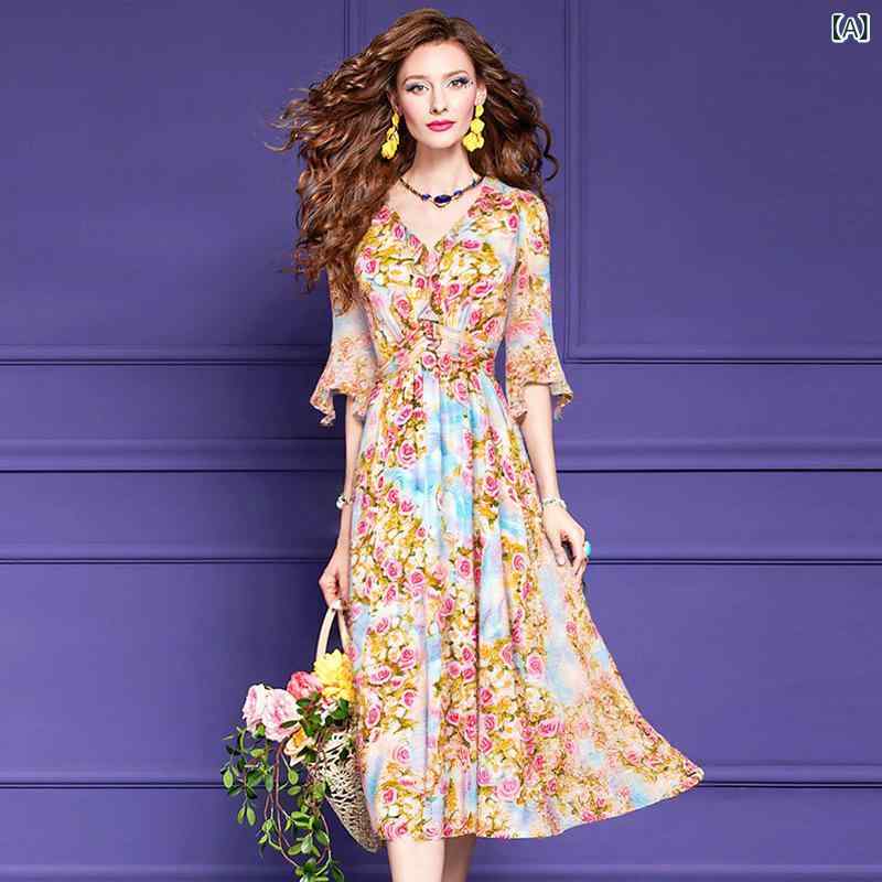 ワンピース 女性用 春夏 桑蚕? 接触冷感 Aライン ロングスカート Vネック 七分袖 フラワープリント ブルー系 ラッパースリーブ 軽量 吸湿速乾 高級感 ゆったりシルエット 収腰デザイン かわいい 休日用 芸術的 レトロ 風 中国風 再生繊維 95%