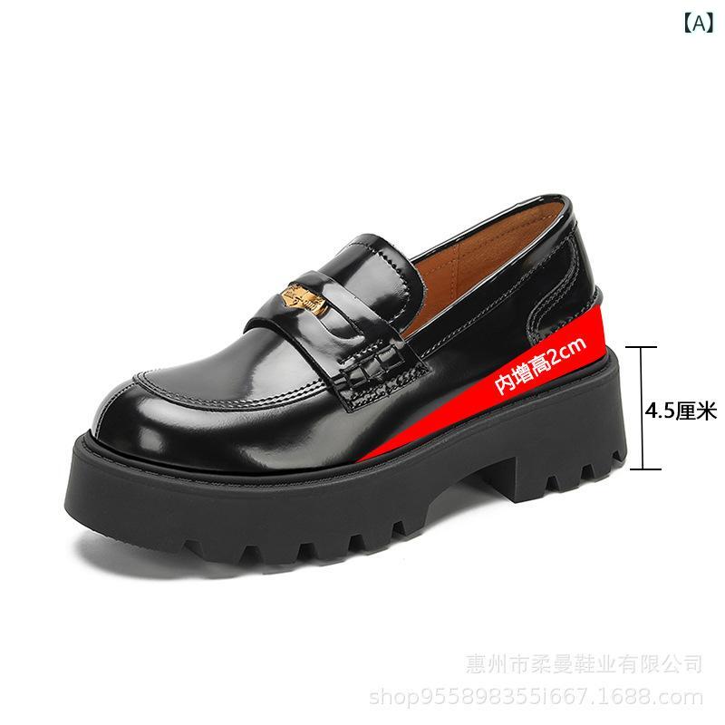 女性用 ローファー 靴 丸トゥ ローファー 粗ヒール 厚底 シングルシューズ イージーオン シューズ 二層牛皮 牛革 低靴 浅口 低ヒール 金属装飾 バックル インソール 天然皮革 インライニング 超繊維 ラバーソール 粘着製法 筒履き 黒 純色 インク