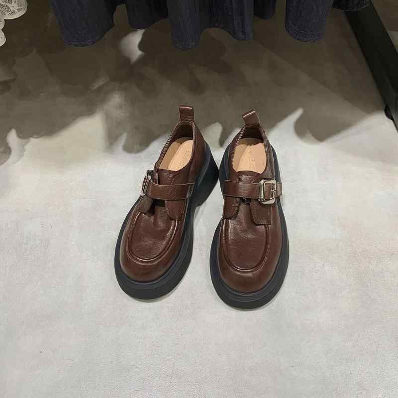 レディース ローファー シューズ 牛革 羊皮内張り 厚底 中丈ヒール イングリッシュスタイル 丸トゥ バックストラップ ブラック ブラウン 純色 低・悉 ゴム底 粘着製法 羊皮インソール 冬春秋 日常使い 厚底増高 シングルシューズ セットオン ローカット