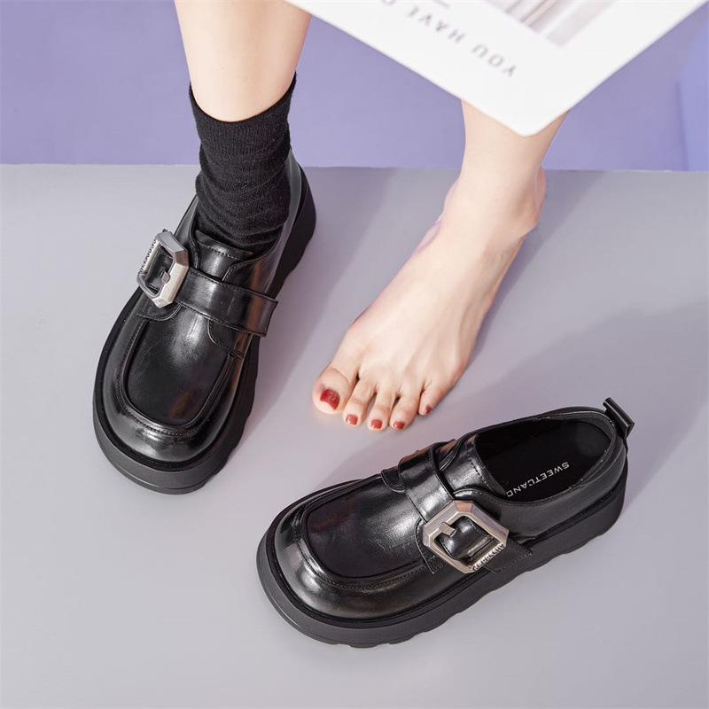レディース ローファー 厚底 増高 真皮 復古 スニーカー 女性用 百搭 休? 靴 ブラック 丸頭 低・悉 中粗跟 牛二層皮 ピッグスキン 内里 合成底 粘着加工 日常 通勤 普段使い 軽量 伸縮性 通年 低メンテナンス