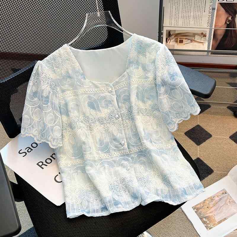 シャツ レディース 短袖 雪? 刺繍 レース チャネル風 気質 通勤 切り替え 方領 都市 カジュアル ポリエステル 化繊 軽量 涼しい 春夏 グリーン イエロー ブルー マカロンカラー スリム フィット トップス 上衣 ブラウス 快適 休? スタイル