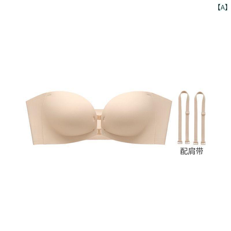 抹胸ブラ ノンワイヤー 女性用 小胸用 寄せ上げ 無痕 プッシュアップ 夏用 薄手 隠形 防滑 無肩ストラップ インナー ブラジャー トップス 快適 伸縮性 接触冷感 ナイロン スパンデックス 1/2カップ 上薄下厚 前ホック 取り外し肩帯 肌色 ブラッ