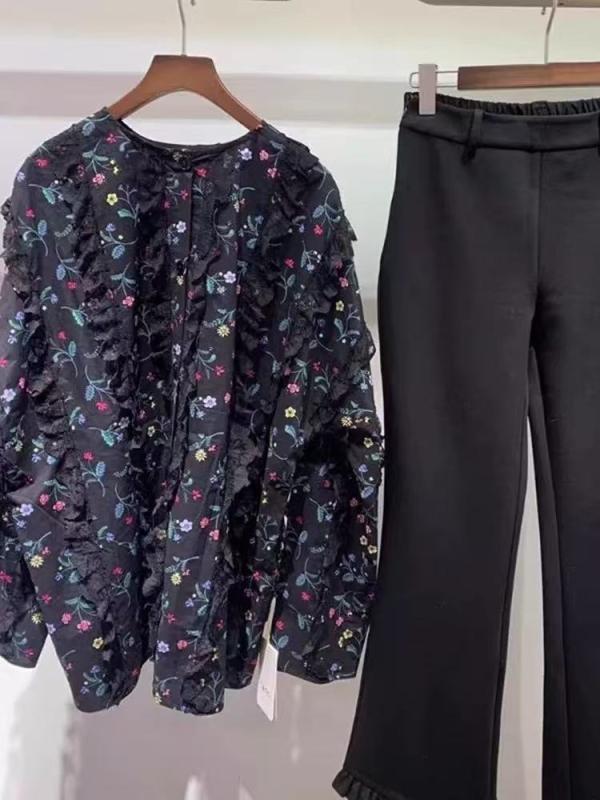 シャツ レディース 長袖 ブラック 花柄 刺繍レース 切り替え 立体装飾 フレンチスタイル Aライン 丸首 セットインスリーブ ポリエステル 春夏 軽量 通勤 普段使い かわいい 甘辛ミックス トップス インナー