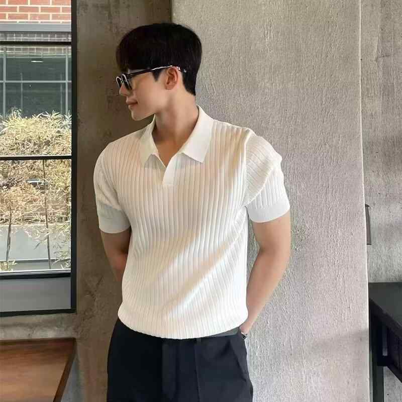 メンズ ポロシャツ 短袖 韓国風 ゆったり フィット フラップカラー 無地 ニット Tシャツ トップス ?? ポリエステル 吸湿速乾 軽量 通気性 夏 春夏 白色 ブラック ベージュ グリーン ブラウン オリーブ グレー ブルー カジュアル 普段使い 青