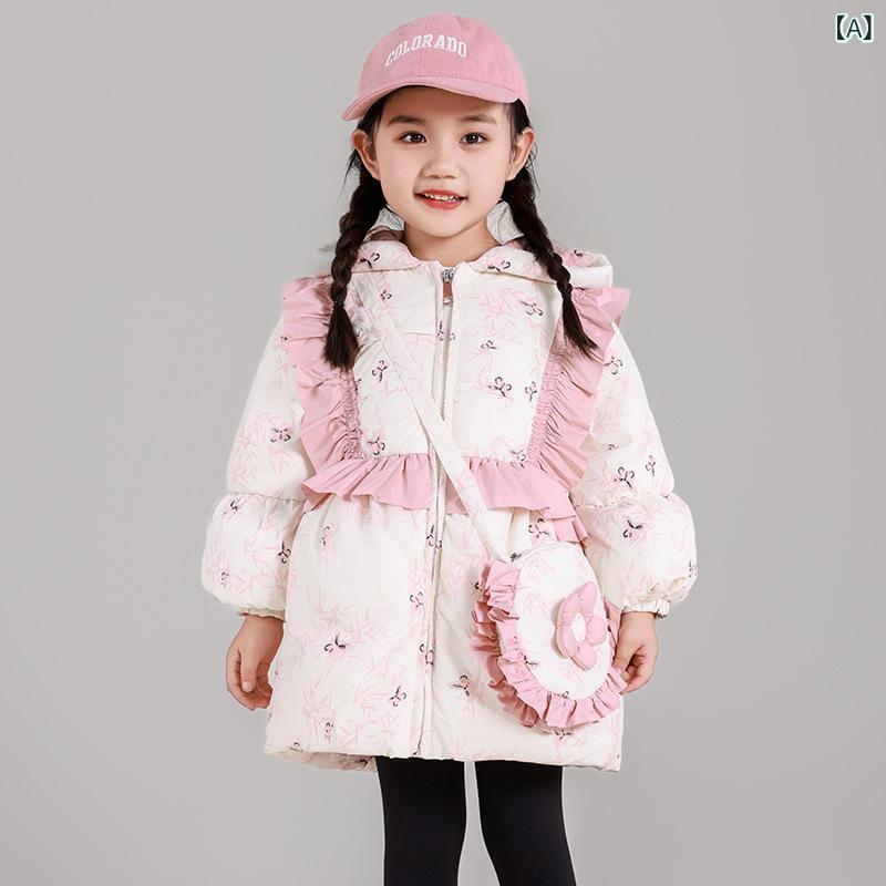 女児 羽織服 ベビー 女の子用 1-3歳 冬用 加厚 ミッドレングス 韓国風 ゆったりシルエット かわいい 花柄 花びらプリント プリンセス フード付き 長袖 ジッパー ピンク ライトグリーン 柔らかい ポリエステル ダウン 白鴨絨 詰め物 暖か 保温