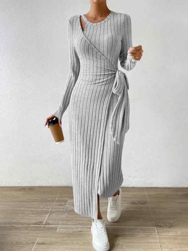 秋冬 ワンピース 女性用 ニット グレー ロングドレス 不規則 ヘム Aライン ハイウエスト 長袖 ラウンドネック 切り替え デザイン ポリエステル 混紡 伸縮性 ゆったり スタイル 快適 日常使い トップス ワンピース ドレス スカート グレー系 秋冬