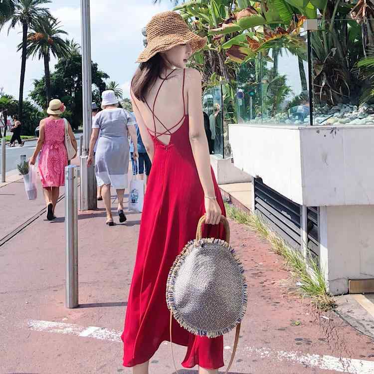 ワンピース レディース 夏 吊り紐 Vネック 背中開き ハイウエスト フレアスカート 中長丈 酒紅色 黒 接触冷感 雪?素材 軽量 通勤 旅行 ビーチ かわいい 吸湿速乾 再生繊維 気質 優雅