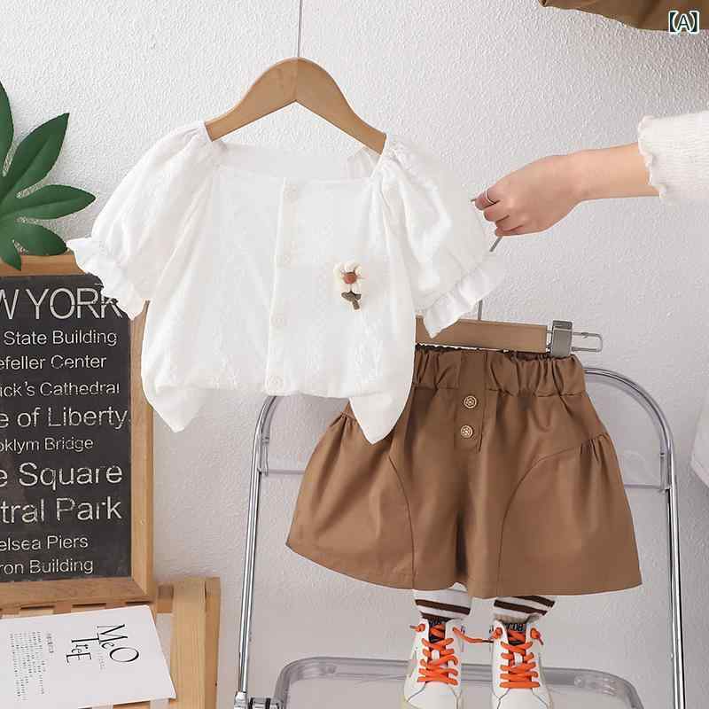 女児 キッズ ガールズ 夏服 トップス シャツ 短パン セット 2点 セット かわいい 田園 プリンセス 花柄 花びら プリント 花柄 ピンク系 グリーン系 ブラウン系 短袖 シングルボタン スクエアネック 薄手 柔らかい コットン 綿 95% 吸湿速乾
