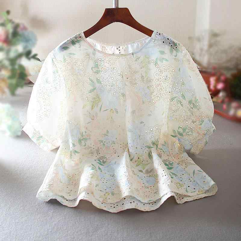シャツ 女性用 春夏 かわいい 短袖 ルーズフィット 泡泡袖 刺繍 プリント レースアップ 超短丈 ラウンドネック ピンク ブルー 接触冷感 吸湿速乾 軽量 通勤 普段使い 私服 気品 エレガント スタイル トップス ブラウス インナー