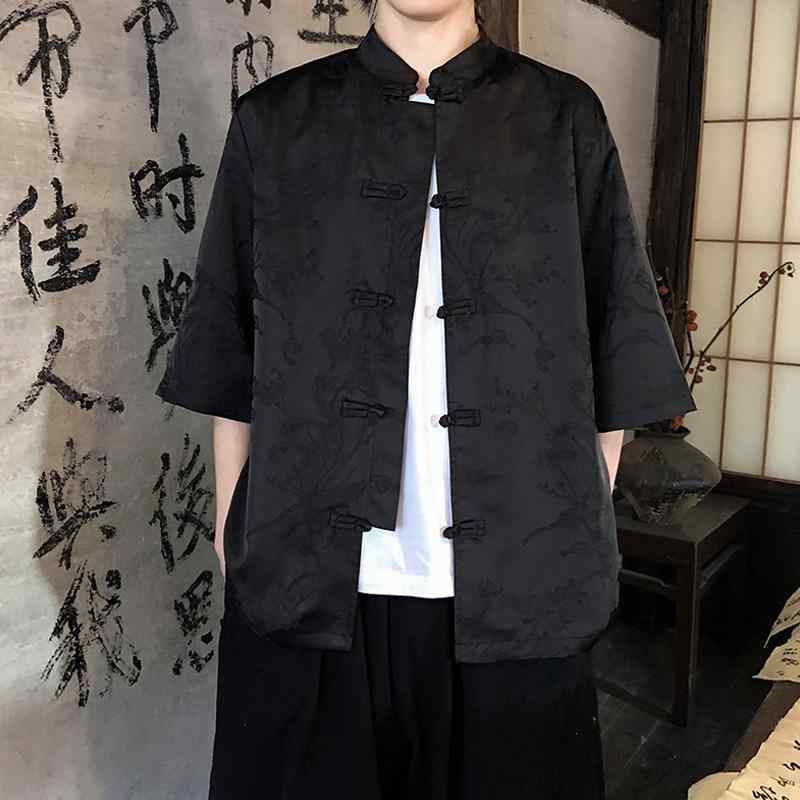 メンズ シャツ 短袖 中国風 立領 盤ボタン 唐装 漢服 居士服 紫色 赤色 ブラック 夏季 薄手 接触冷感 免?加工 ゆったりシルエット 日常使い ファッション トップス 軽量 通気性 良い 吸湿速乾 加工 青年向け 開襟 柄物 東洋風 スタイル カジ