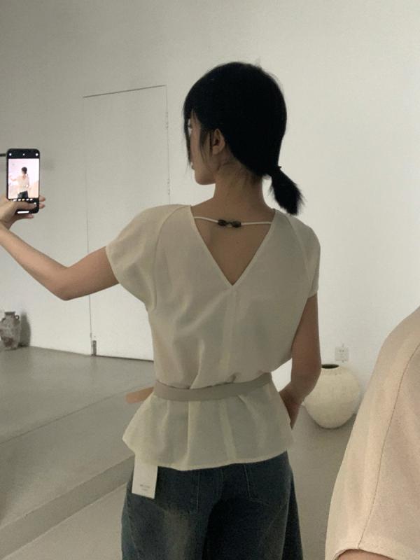 シャツ レディース 夏 短袖 露背 デザイン ワイドシルエット 痩せ見え ふんわり袖 麻 リヨセル 混紡 接触冷感 切り替え セットイン クリーム ブルー イエロー ブラウン 韓流 カジュアル トップス ゆったり ライト 吸湿速乾 通勤 普段使い ビーチ